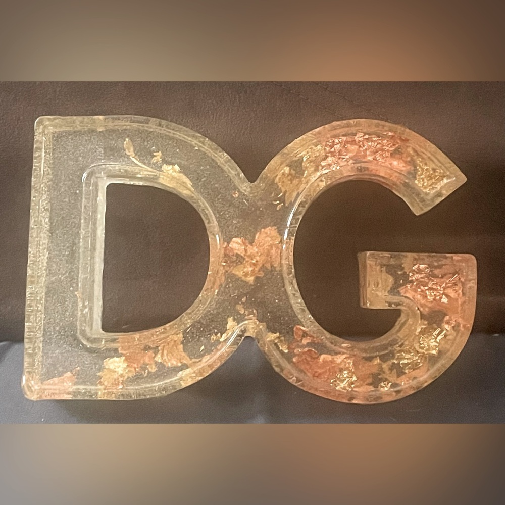 Handmade resin initials DG clear with gold leaf